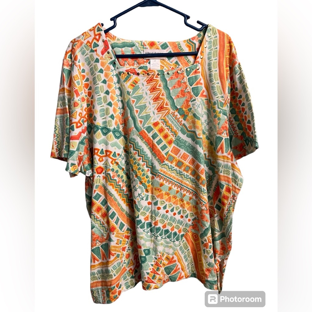 Alfred Dunner Woman Plus Size Colorful Short Sleeve Geometric Print Top 3X